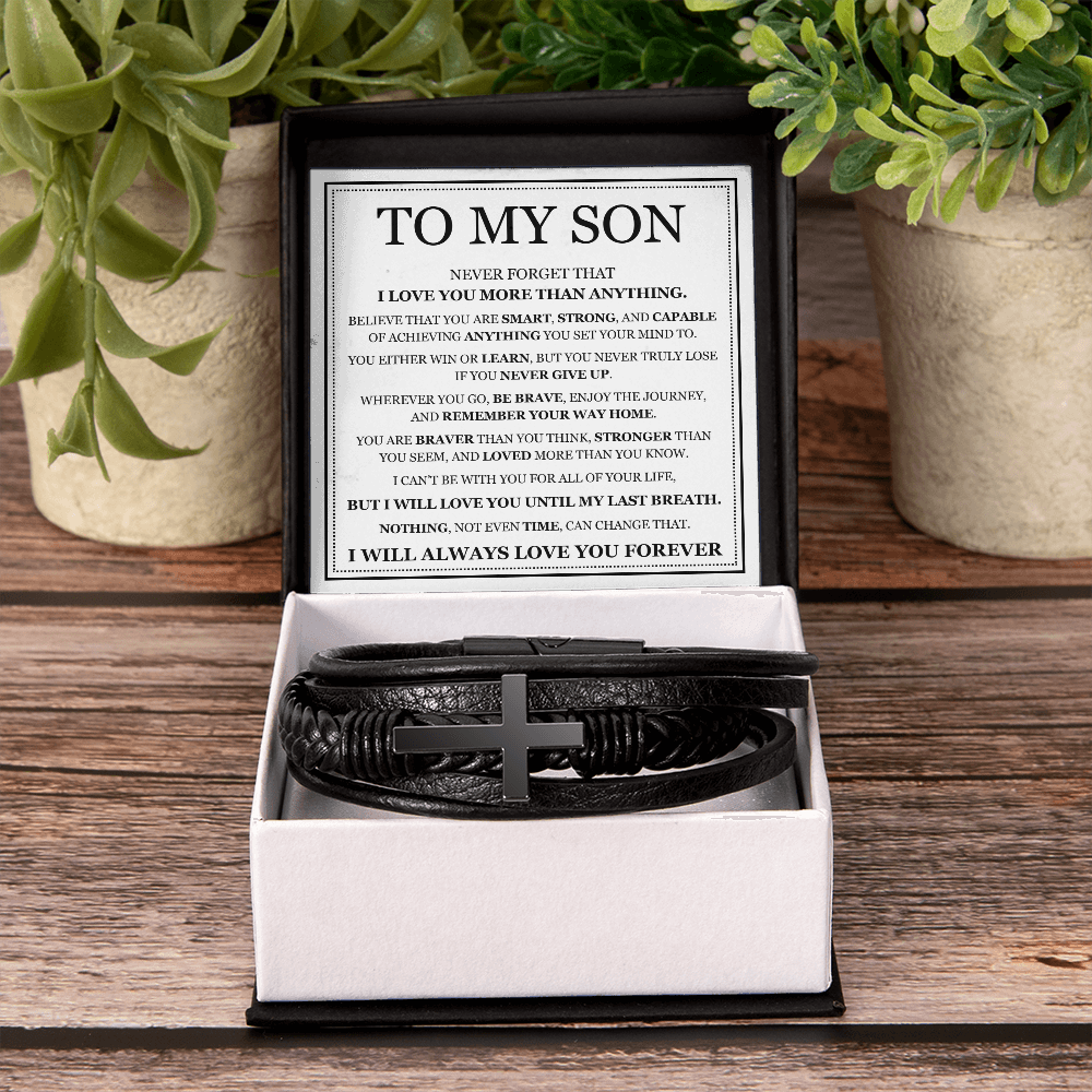 To My Son Men's Cross Bracelet -"I Love You More Than Anything"