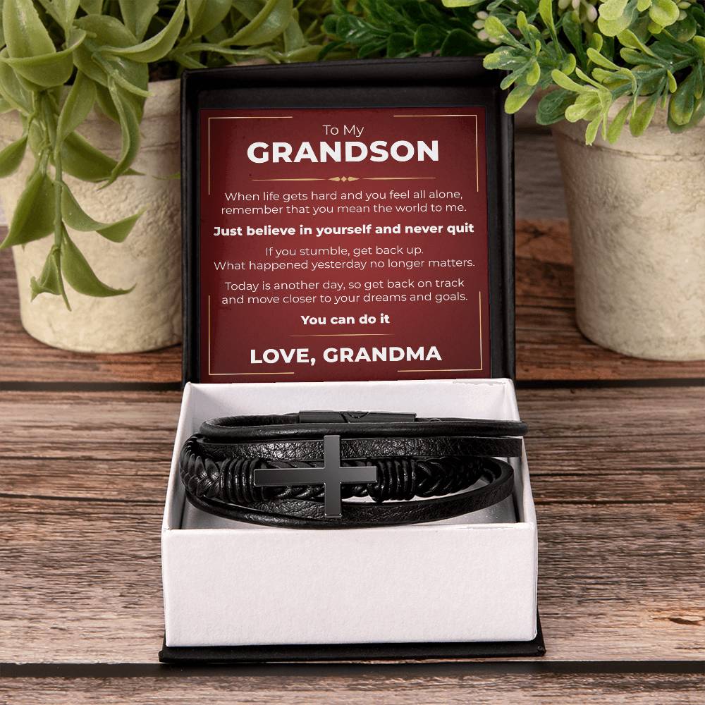 Men's Cross Bracelet - To My Grandson "Just Believe In Yourself and Never Quit"