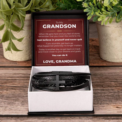Men's Cross Bracelet - To My Grandson "Just Believe In Yourself and Never Quit"