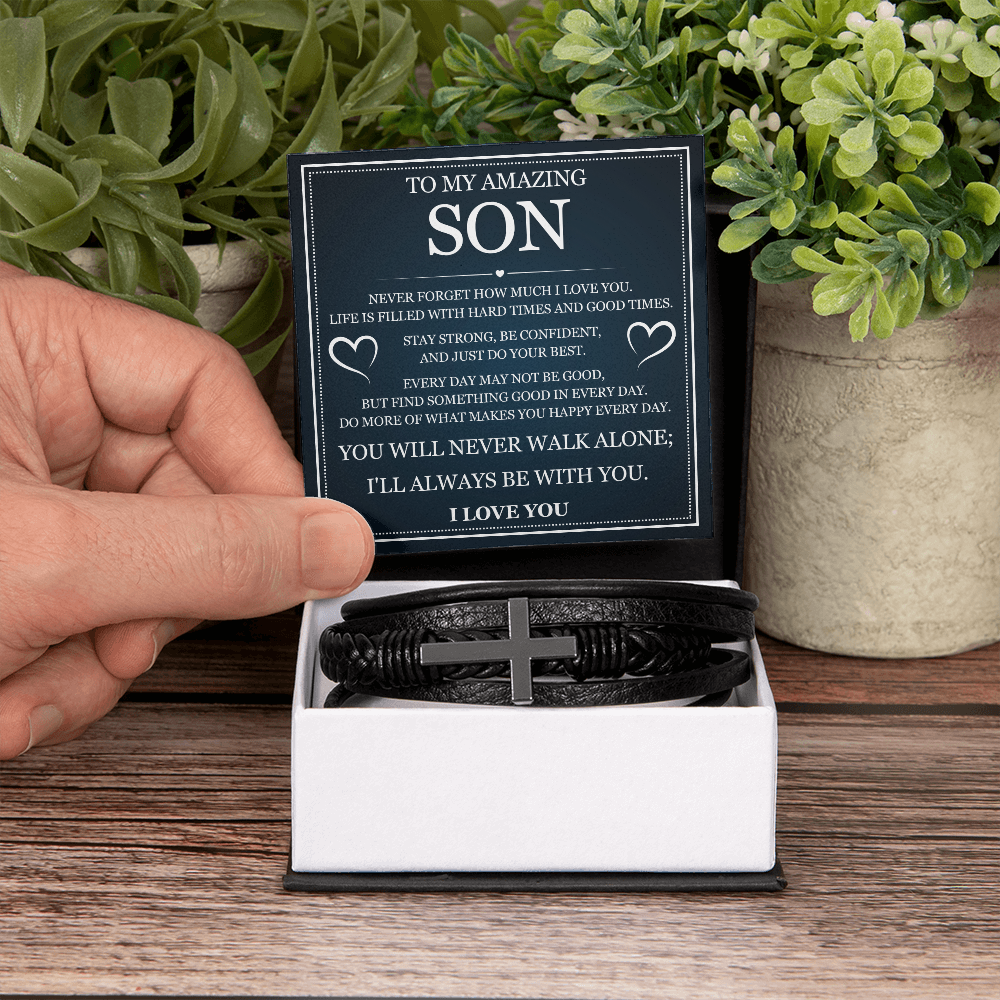 To My Son  Men's Cross Bracelet - "I'll Always Be With You"
