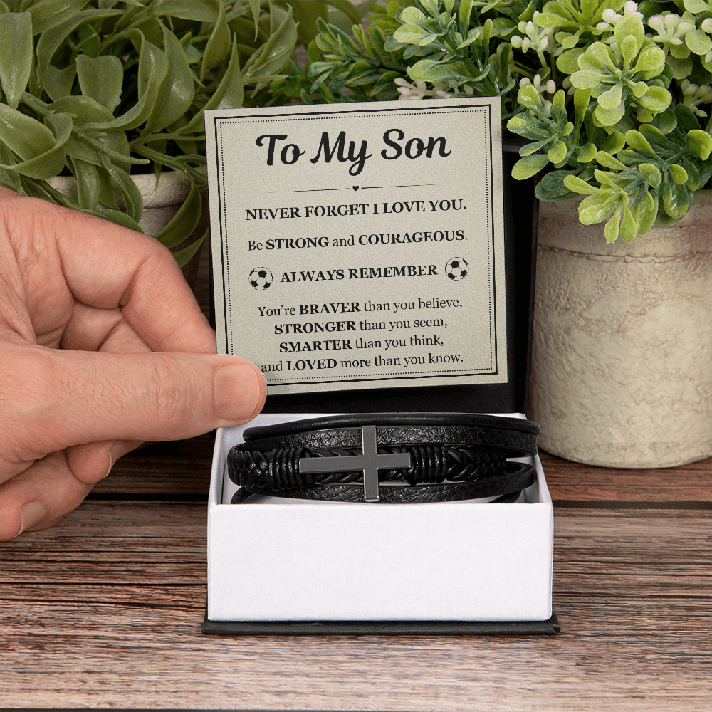 To My Son Men's Cross Bracelet - "Never Forget I Love You"