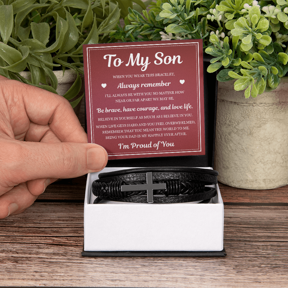 To My Son Men's Cross Bracelet -"I'm Proud of You"