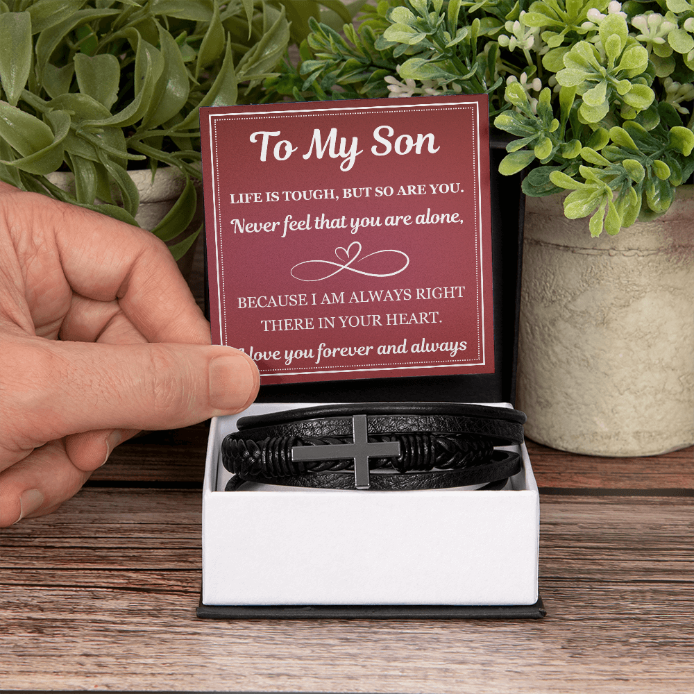 Men's Cross Bracelet - To My Son “Life Is Tough, But So Are You”
