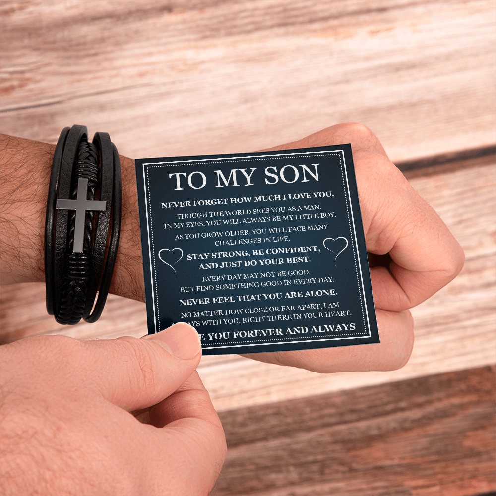To My Son Men's Cross Bracelet - "Stay Strong, Be Confident"