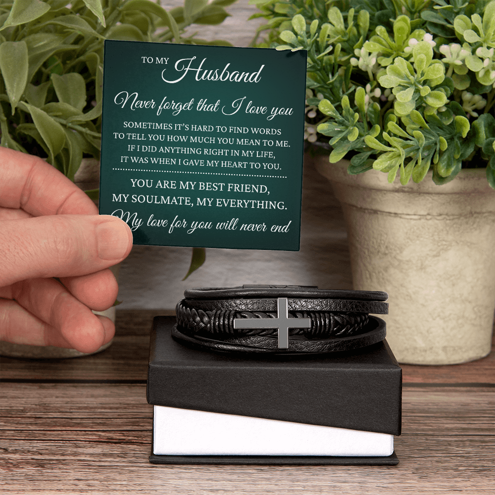 Men's Cross Bracelet - To My Husband "Never Forget That I Love You"