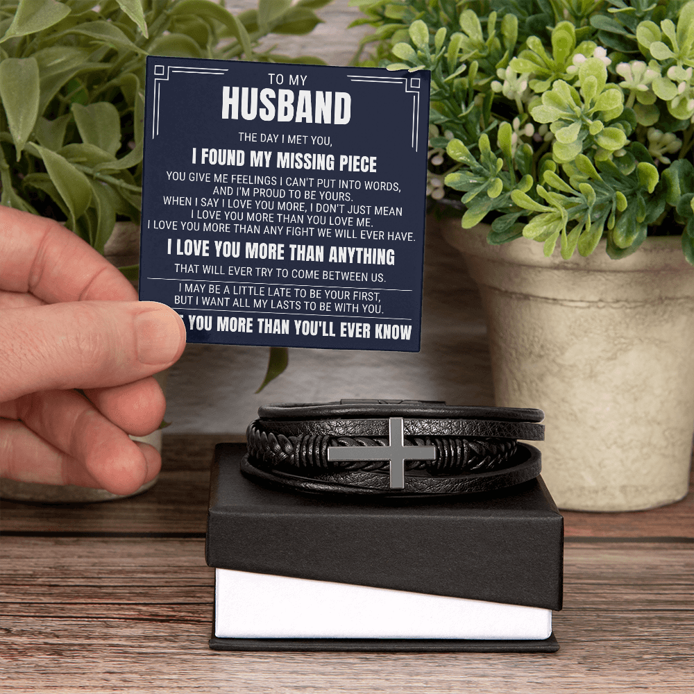 Men's Cross Bracelet - To My Husband "I Found My Missing Piece"