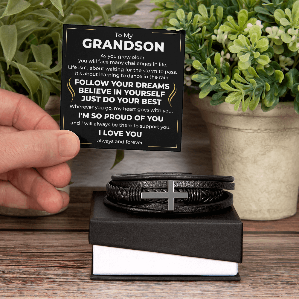 Men's Cross Bracelet - To My Grandson "Believe in Yourself"