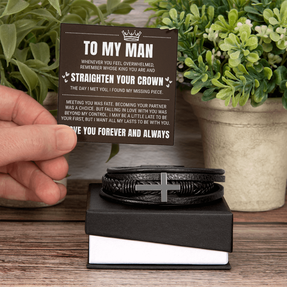 Men's Cross Bracelet - To My Man "Straighten Your Crown"