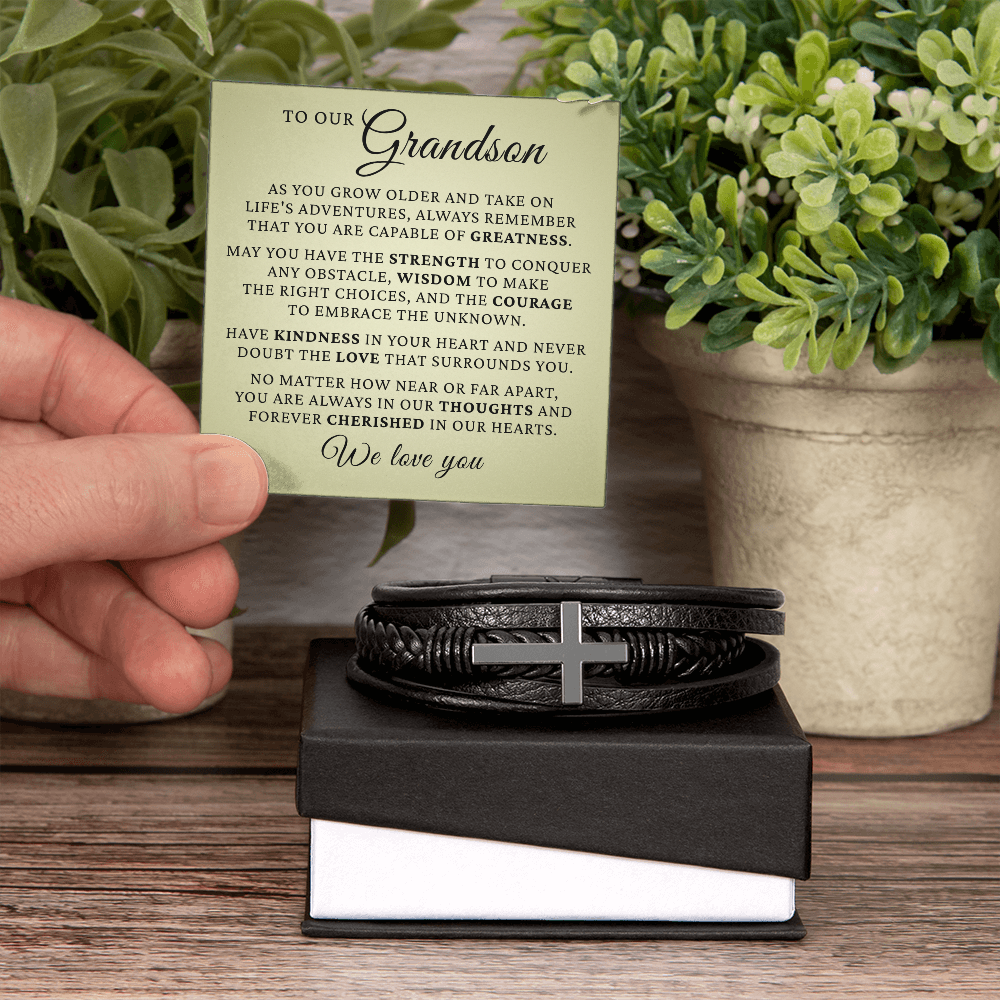 Men's Cross Bracelet - To Our Grandson "We Love You"