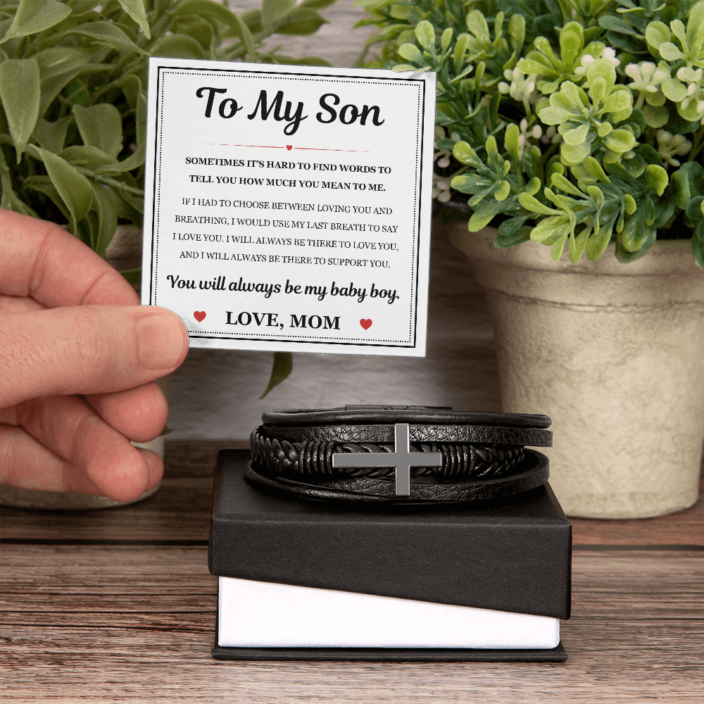 To My Son Men's Cross Bracelet - "How Much You Mean To Me"