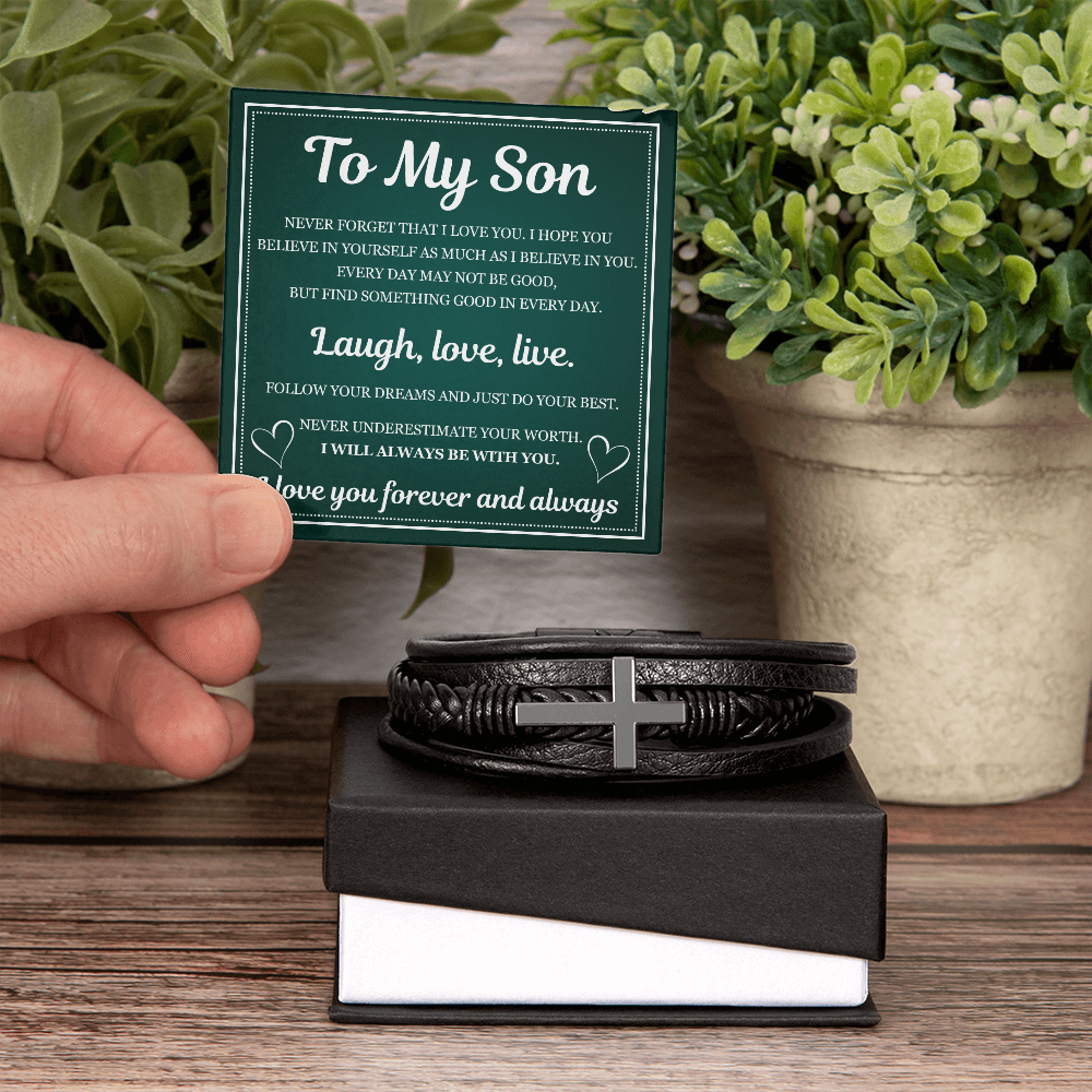 Men's Cross Bracelet - To My Son "Laugh, Love and Live"