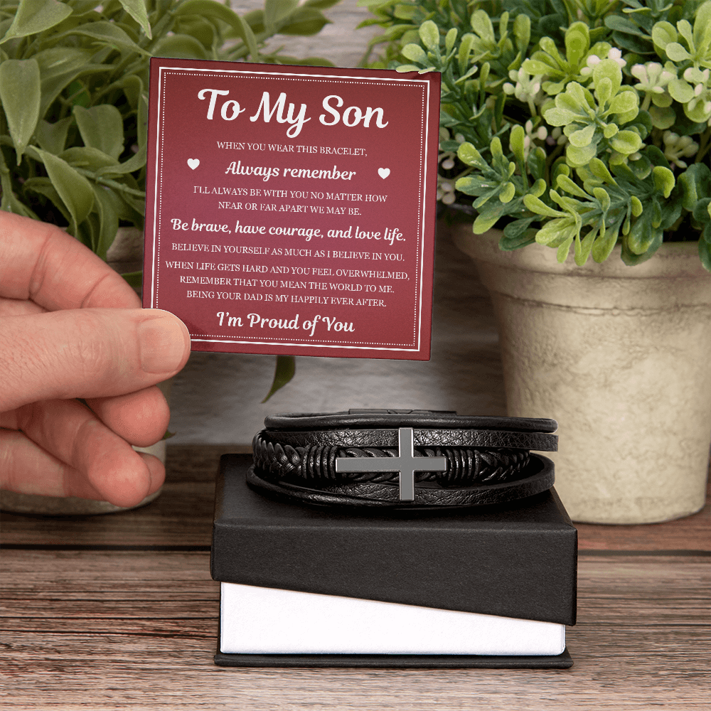 To My Son Men's Cross Bracelet -"I'm Proud of You"