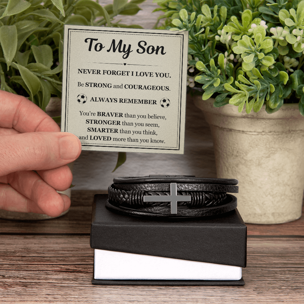 To My Son Men's Cross Bracelet - "Never Forget I Love You"
