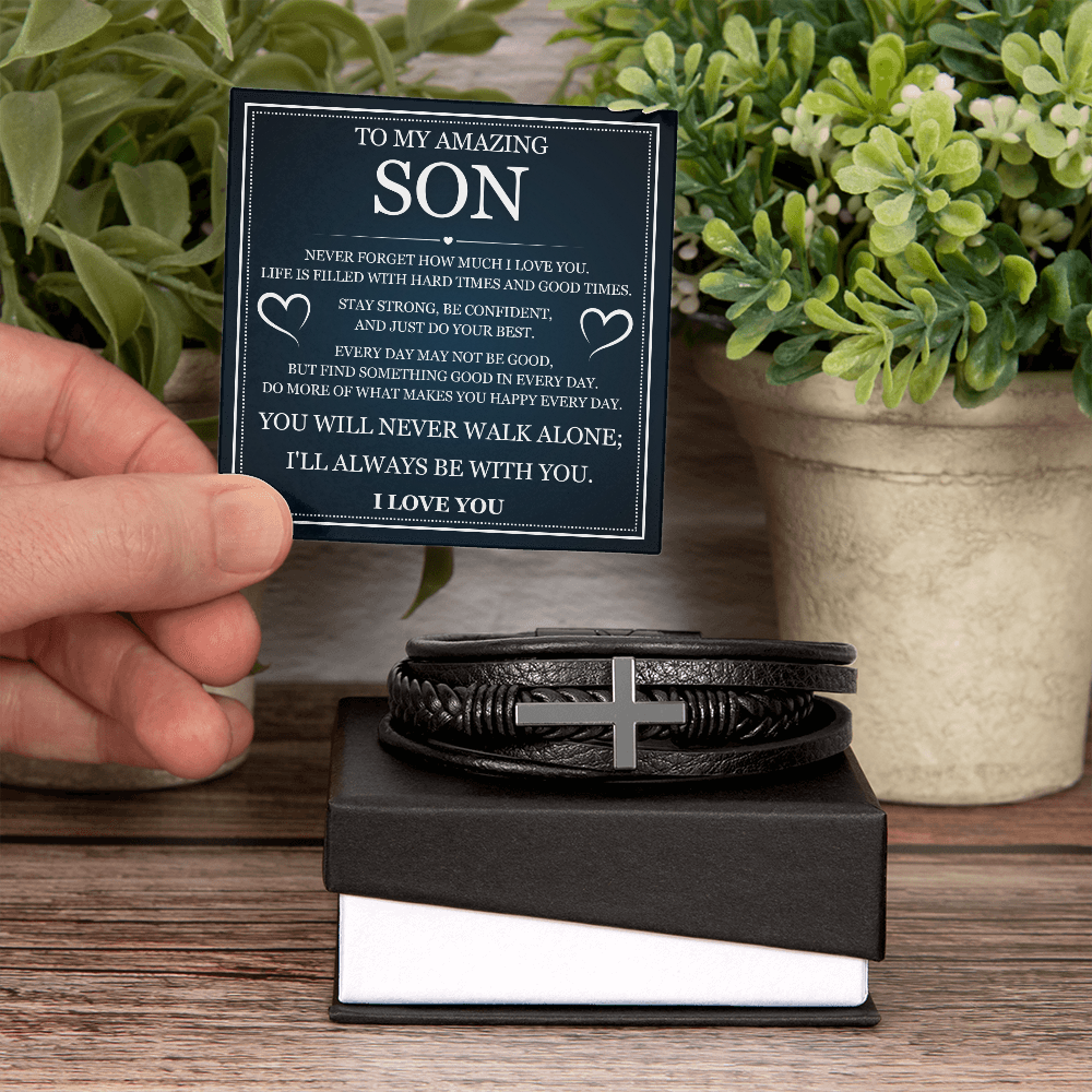 To My Son  Men's Cross Bracelet - "I'll Always Be With You"