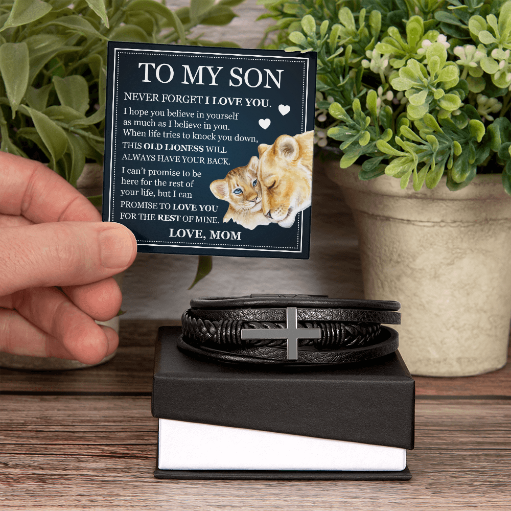 To My Son Men's Cross Bracelet - "Never Forget I Love You"