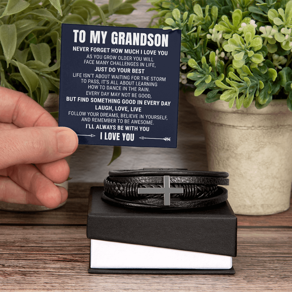 Men's Cross Bracelet - To My Grandson "Never Forget How Much I Love You"