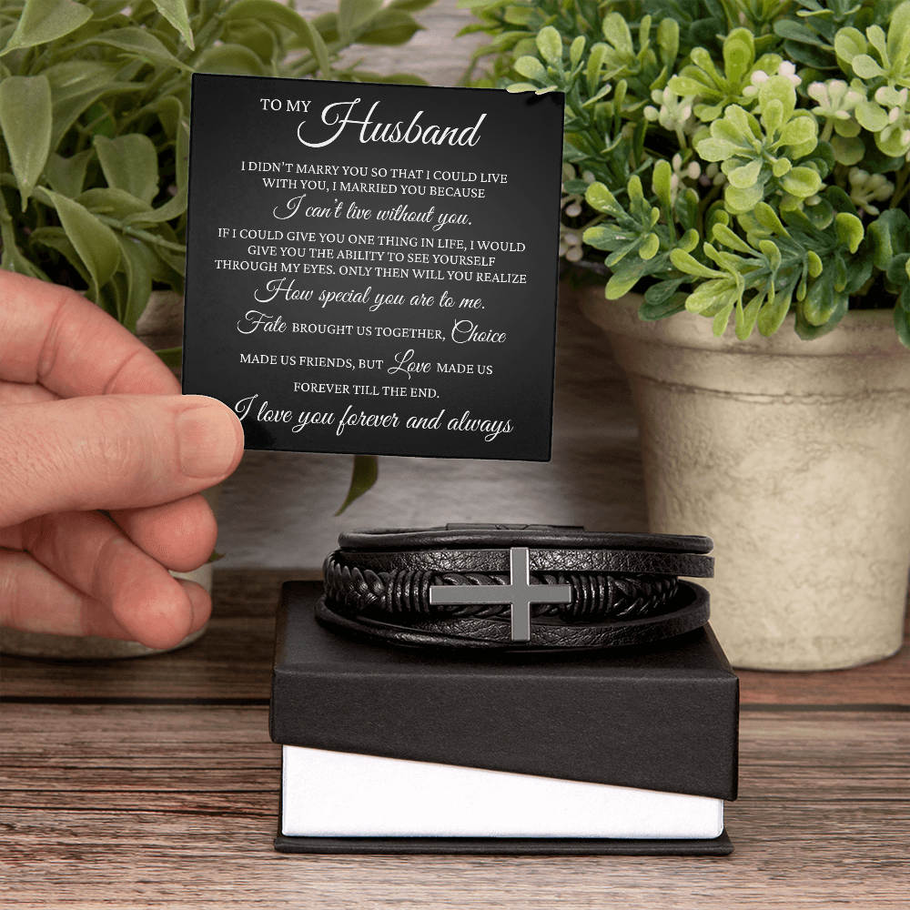 Men's Cross Bracelet - To My Husband "I cant' Live Without You"