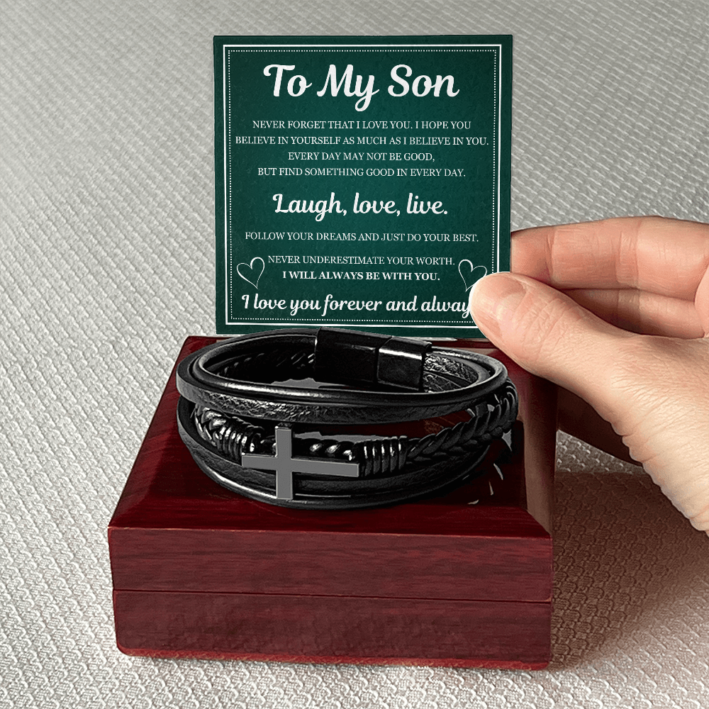 Men's Cross Bracelet - To My Son "Laugh, Love and Live"