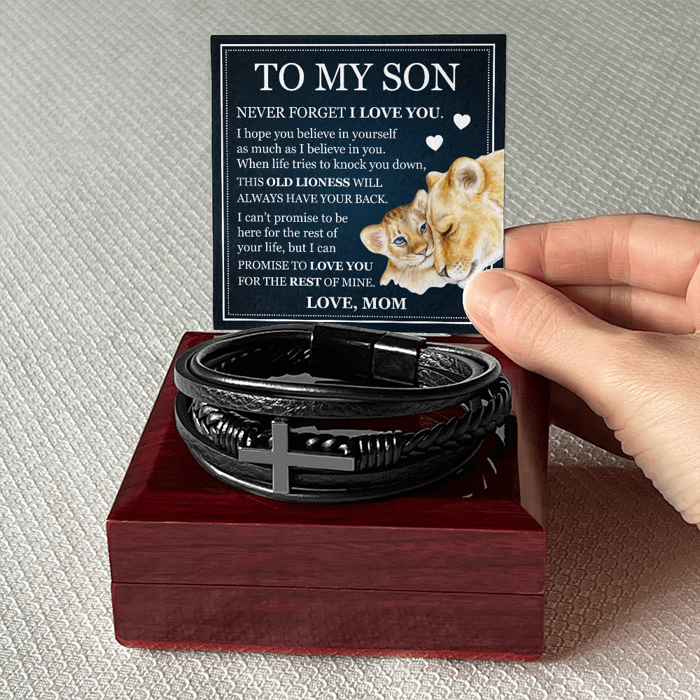 To My Son Men's Cross Bracelet - "Never Forget I Love You"