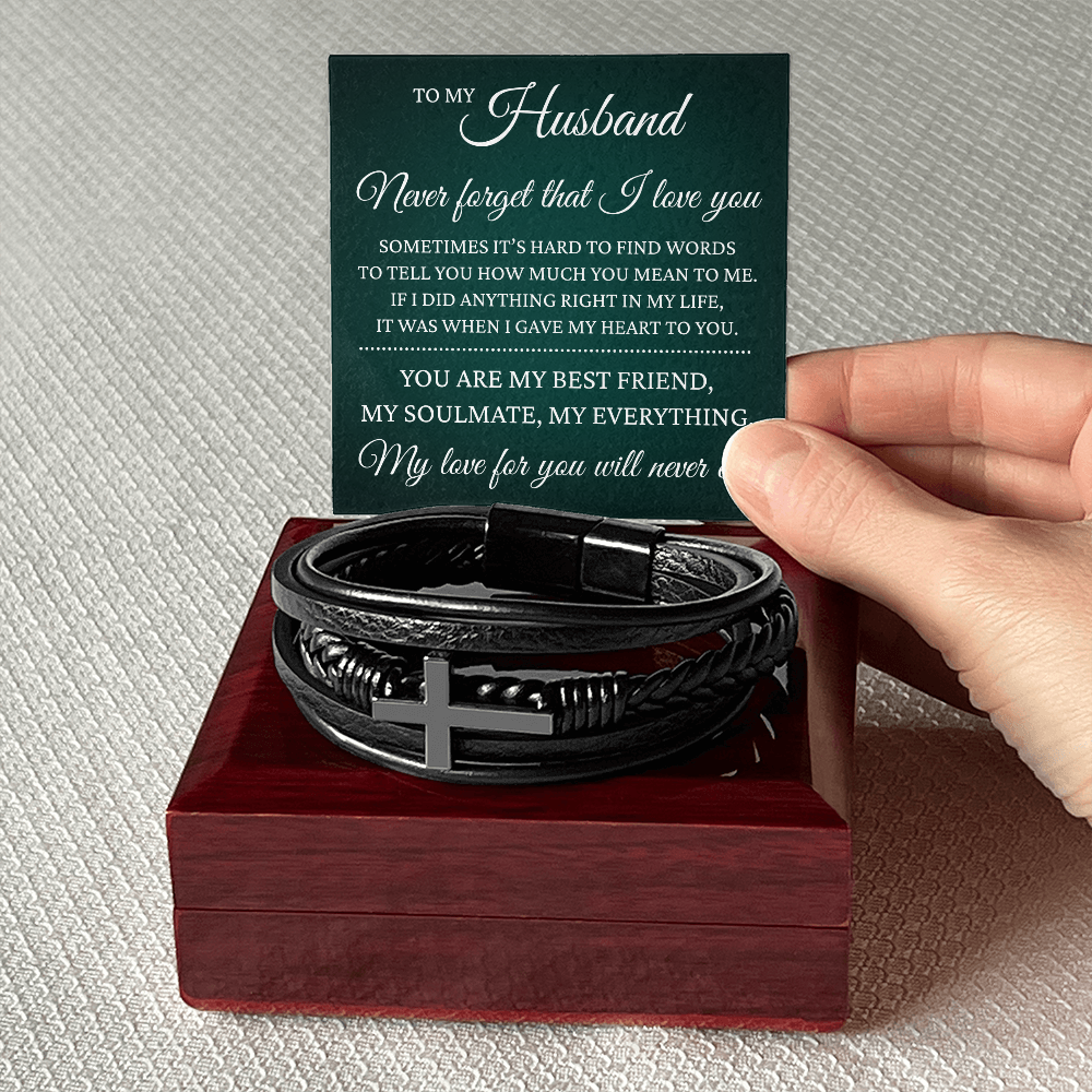 Men's Cross Bracelet - To My Husband "Never Forget That I Love You"