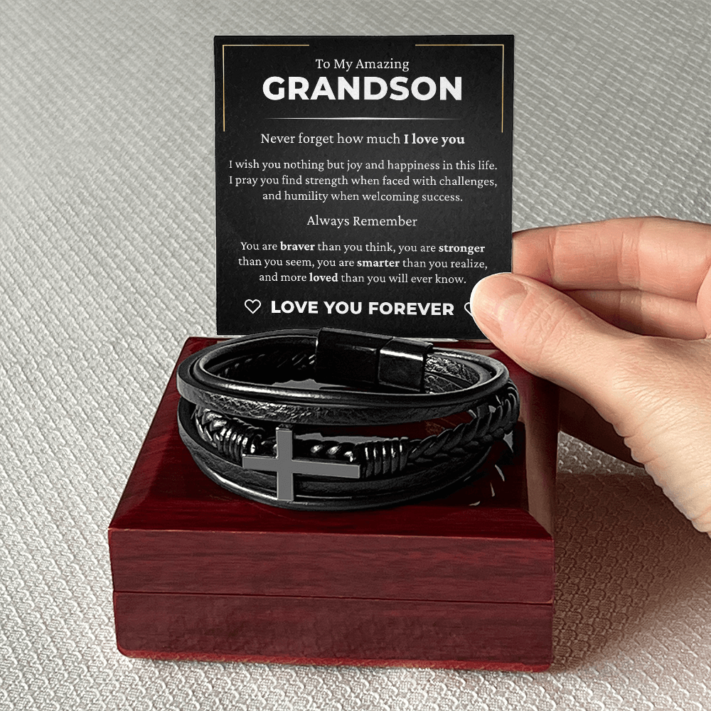 Men's Cross Bracelet - To My Grandson "Never Forget How Much I Love You"