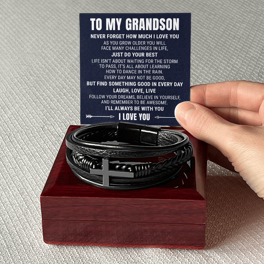 Men's Cross Bracelet - To My Grandson "Never Forget How Much I Love You"