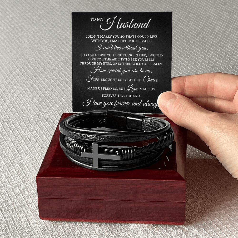 Men's Cross Bracelet - To My Husband "I cant' Live Without You"