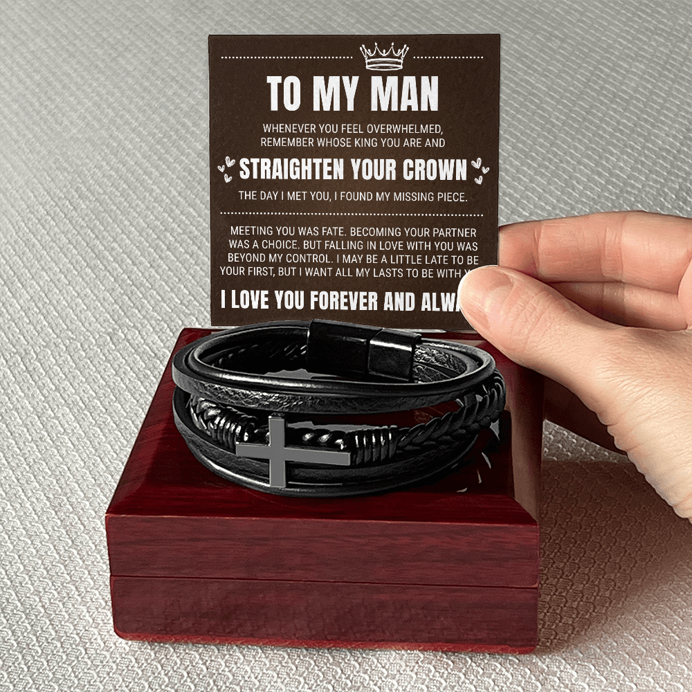 Men's Cross Bracelet - To My Man "Straighten Your Crown"