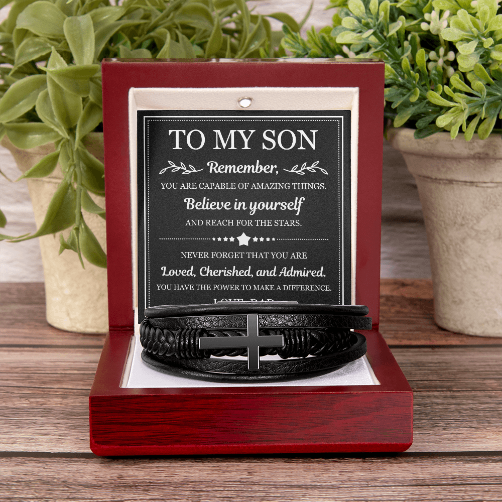 To My Son Men's Cross Bracelet - "Believe in Yourself"