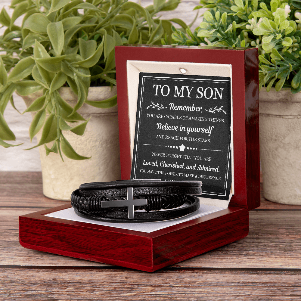 To My Son Men's Cross Bracelet - "Believe in Yourself"