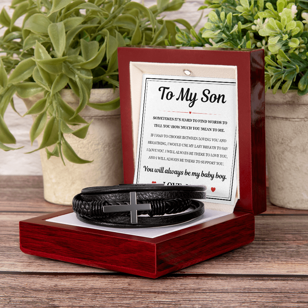 To My Son Men's Cross Bracelet - "How Much You Mean To Me"