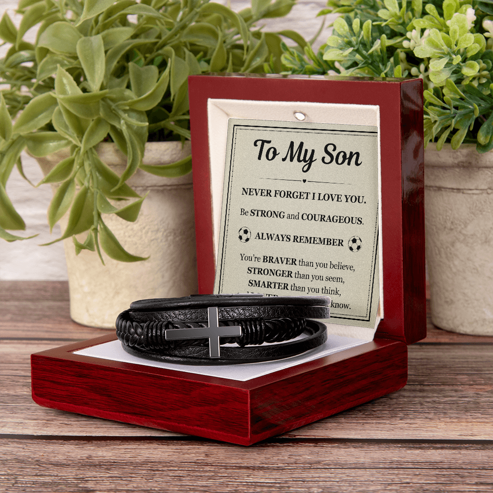 To My Son Men's Cross Bracelet - "Never Forget I Love You"