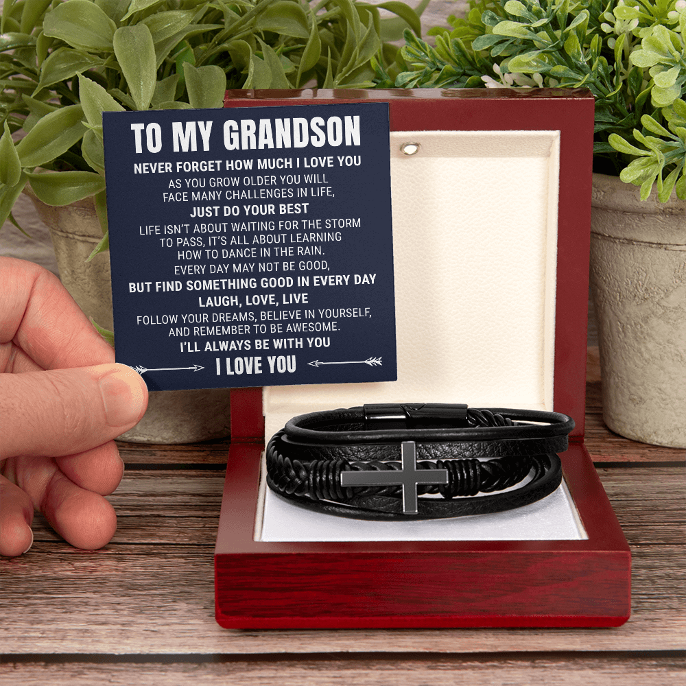 Men's Cross Bracelet - To My Grandson "Never Forget How Much I Love You"