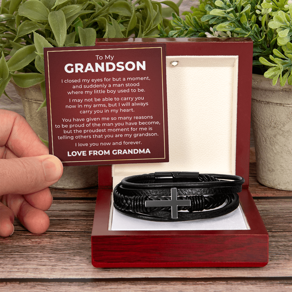 Men's Cross Bracelet - To My Grandson "I Love You Now and Forever"