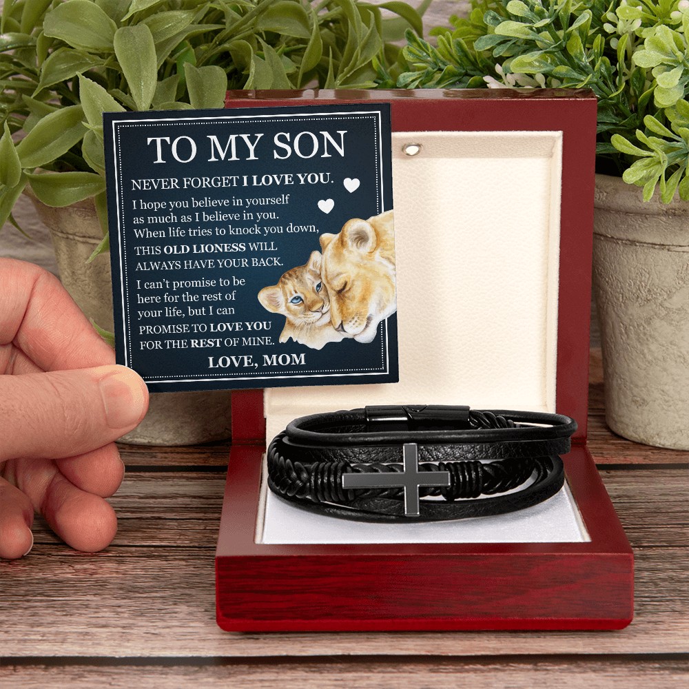 To My Son Men's Cross Bracelet - "Never Forget I Love You"