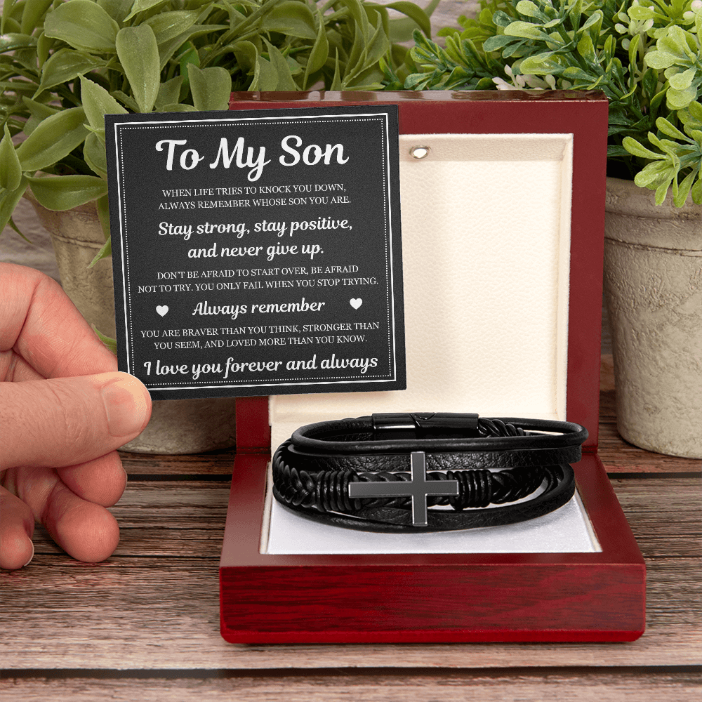 Men's Cross Bracelet - To My Son "Stay Strong and Positive"
