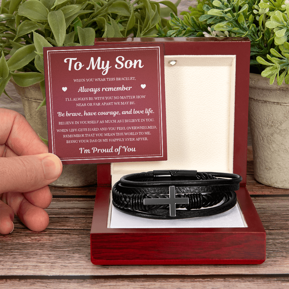 To My Son Men's Cross Bracelet -"I'm Proud of You"