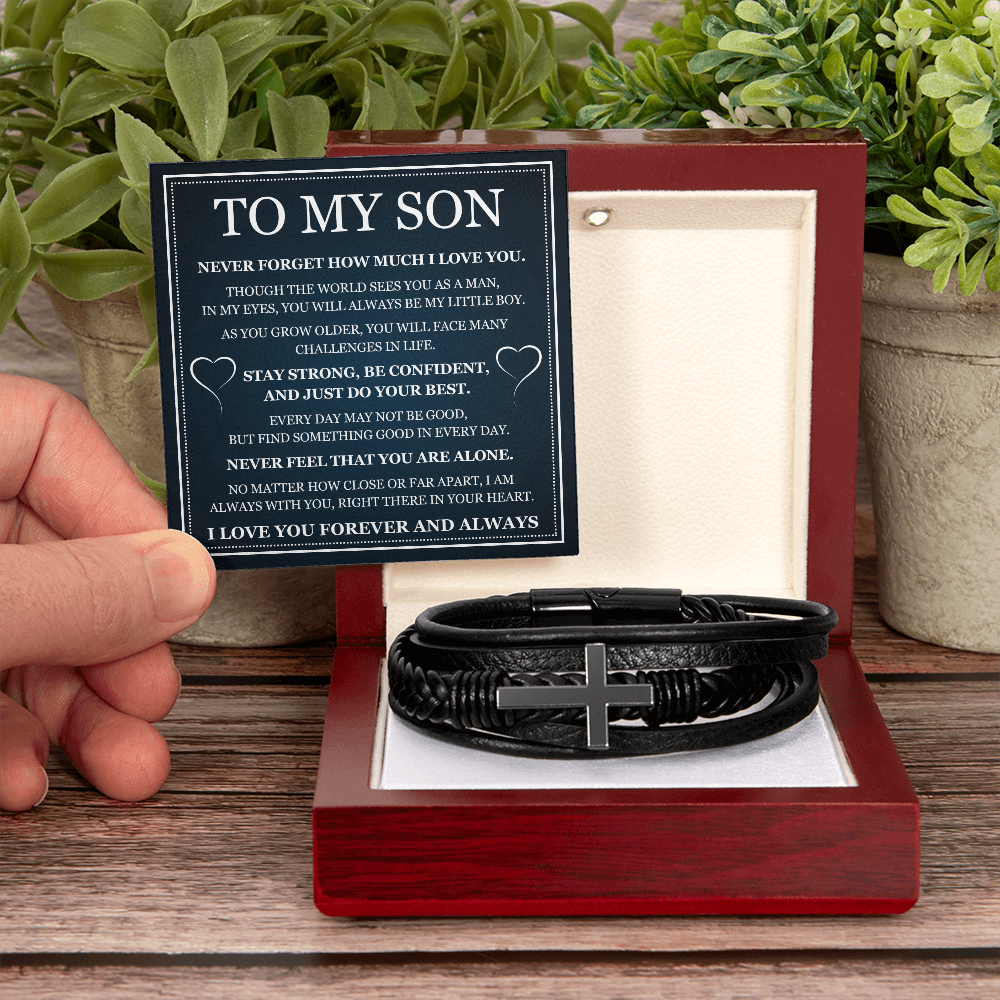 To My Son Men's Cross Bracelet - "Stay Strong, Be Confident"