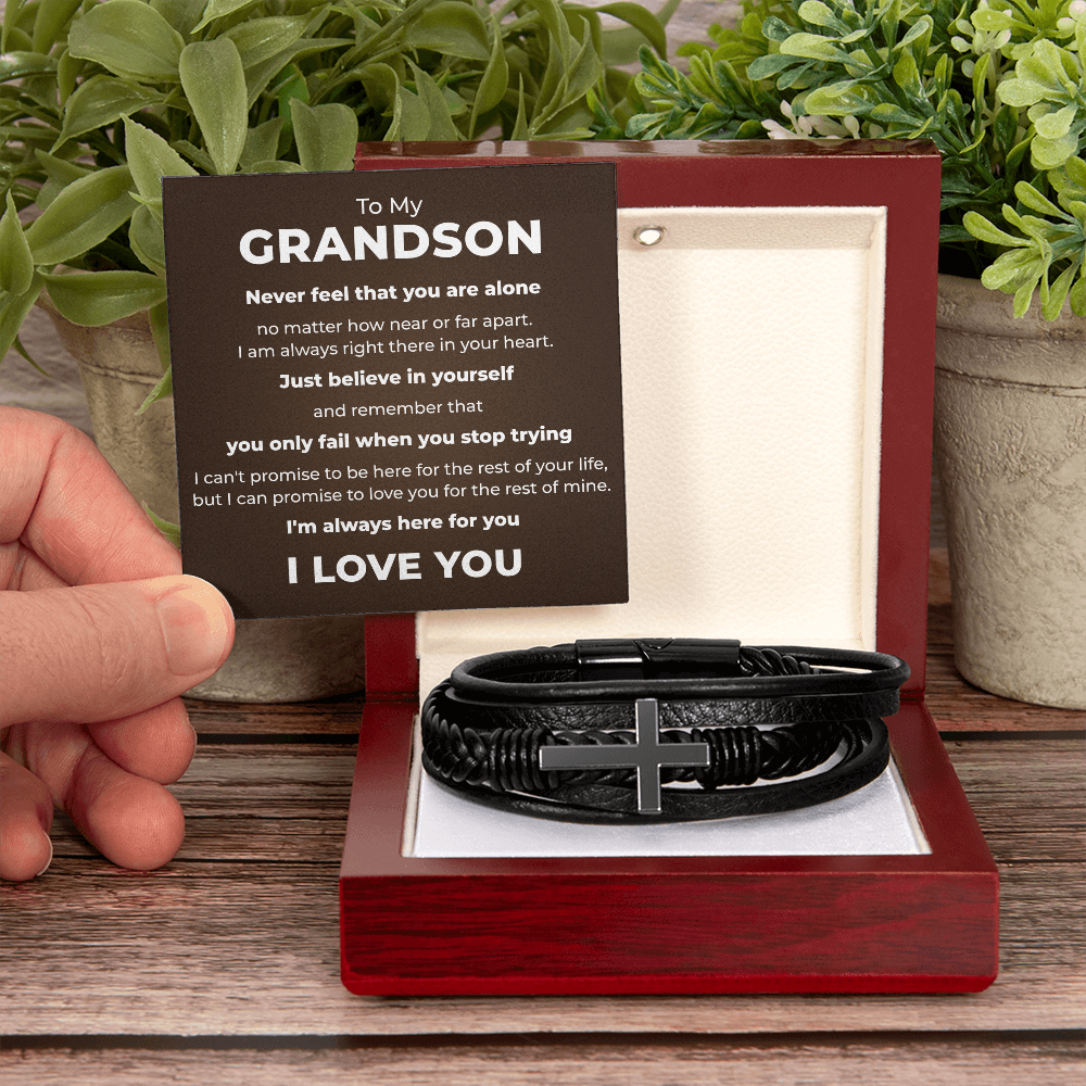 Men's Cross Bracelet - To My Grandson "I'm Always Here For You"
