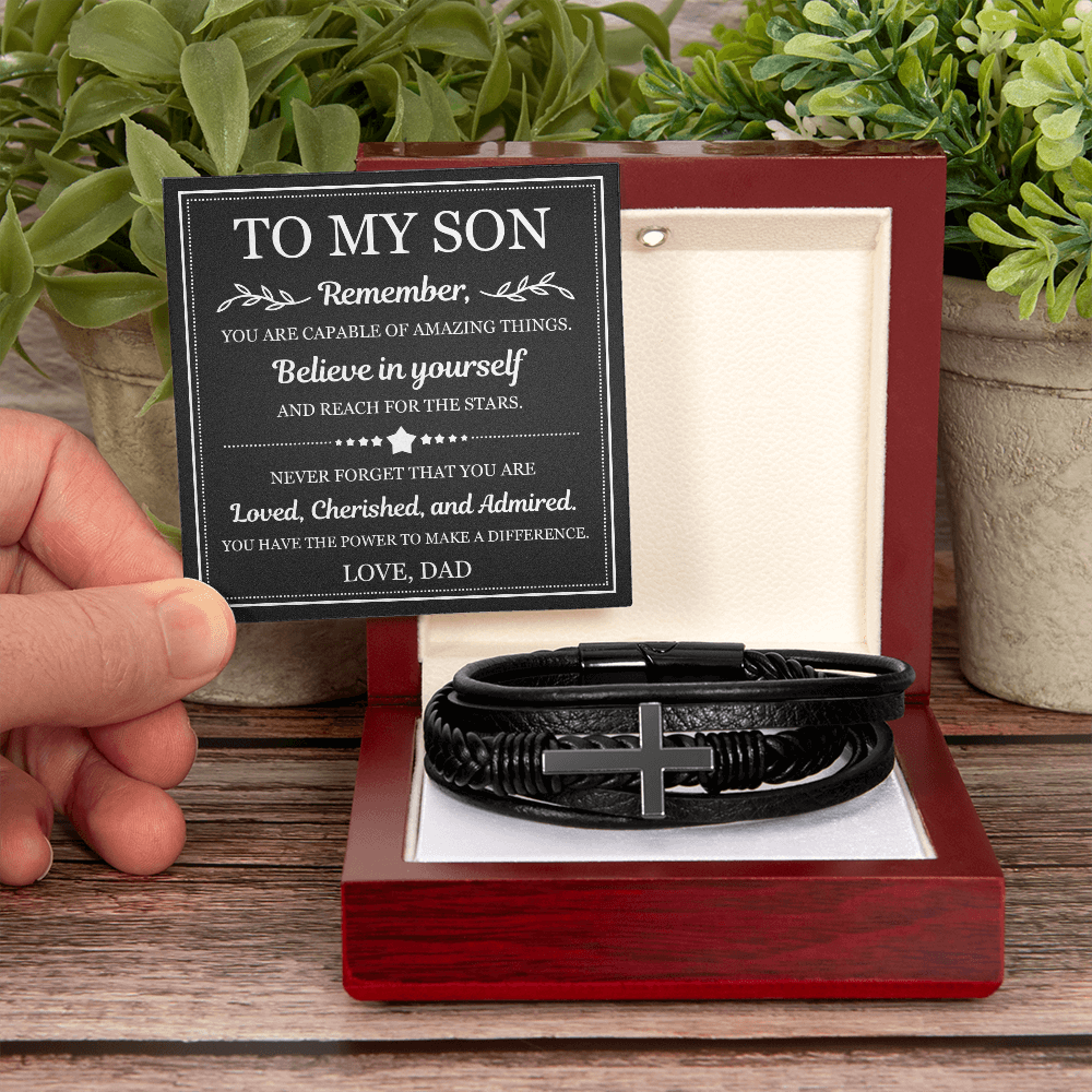 To My Son Men's Cross Bracelet - "Believe in Yourself"