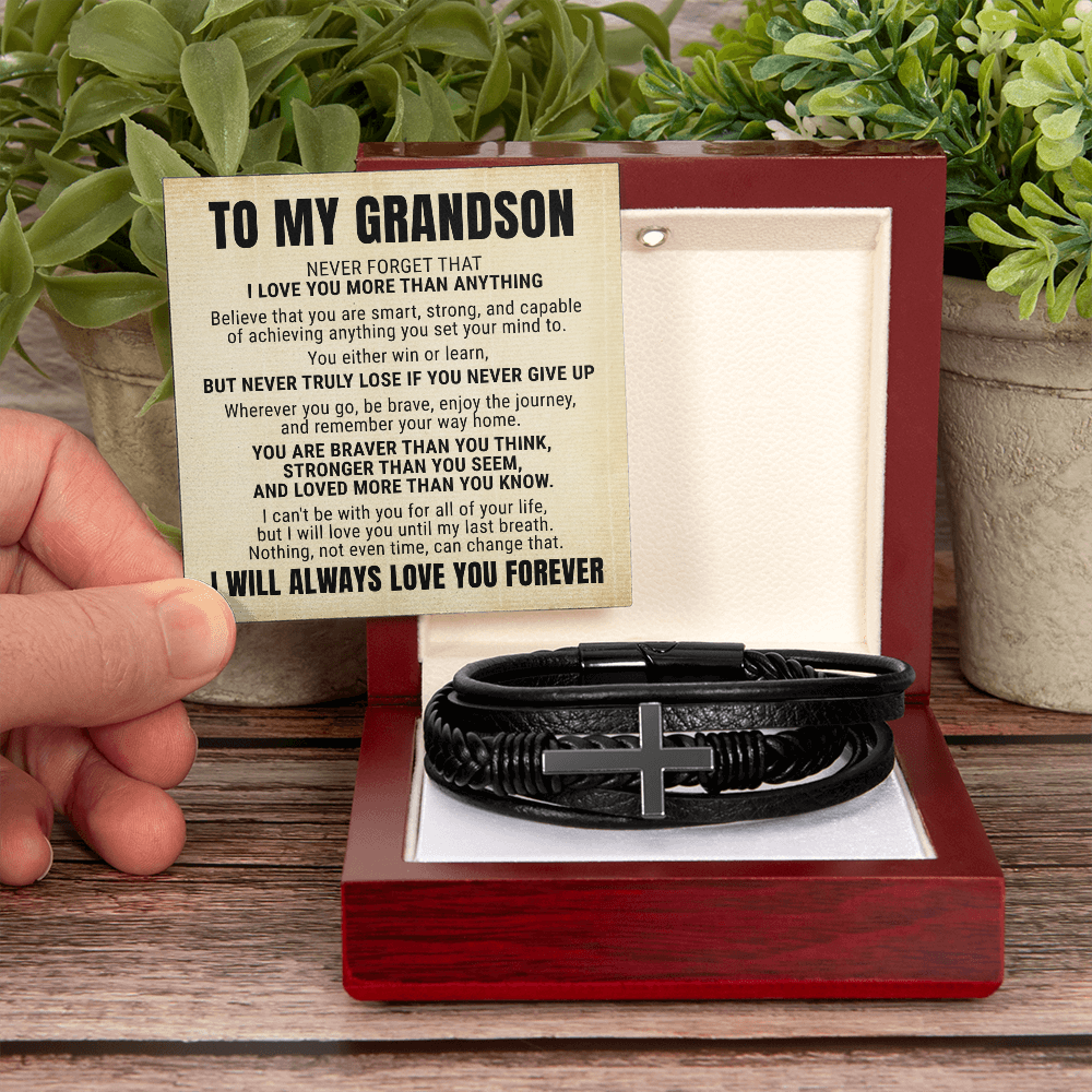 Men's Cross Bracelet - To My Grandson "I Love You More Than Anything"
