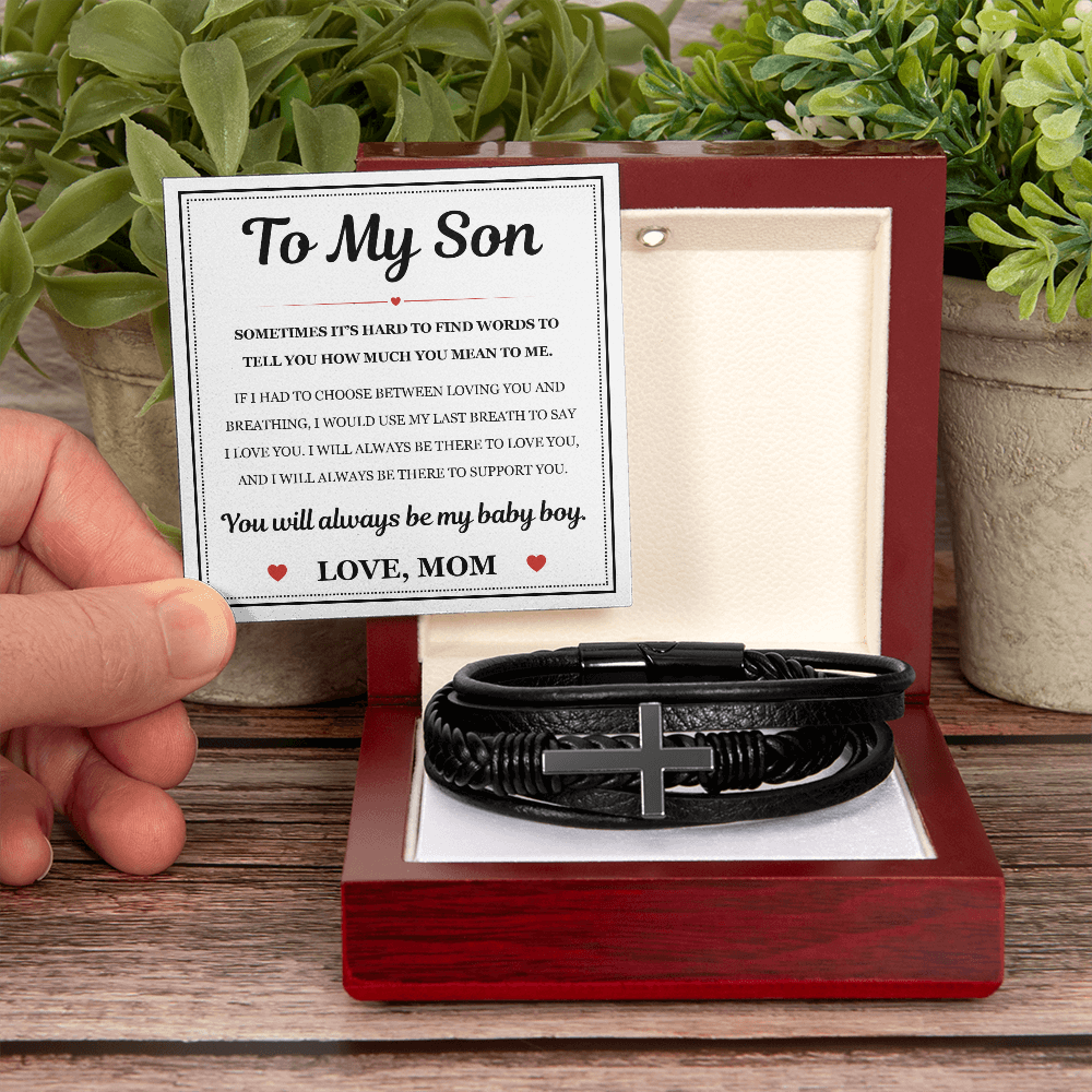 To My Son Men's Cross Bracelet - "How Much You Mean To Me"