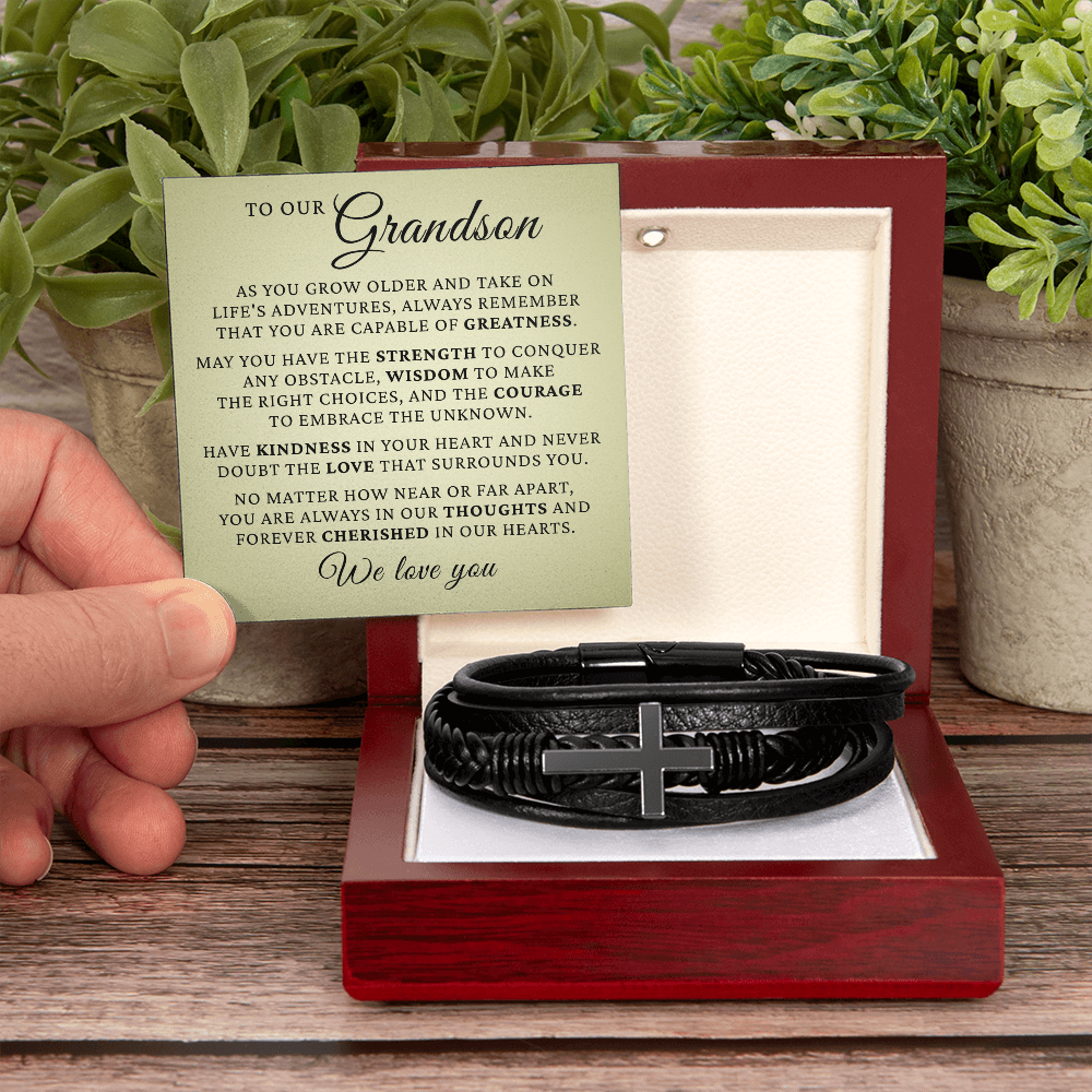 Men's Cross Bracelet - To Our Grandson "We Love You"