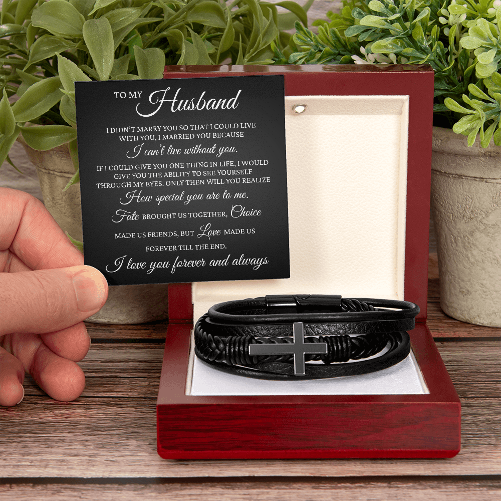 Men's Cross Bracelet - To My Husband "I cant' Live Without You"