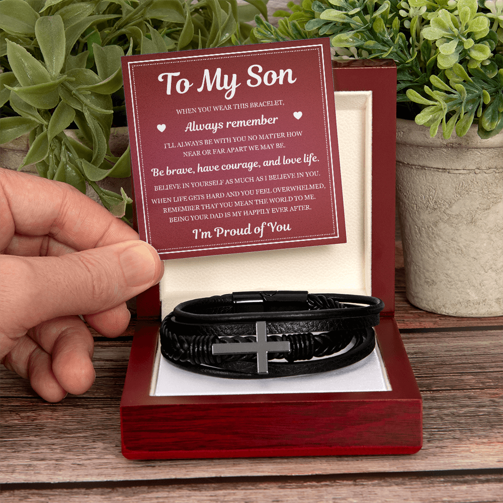To My Son Men's Cross Bracelet -"I'm Proud of You"