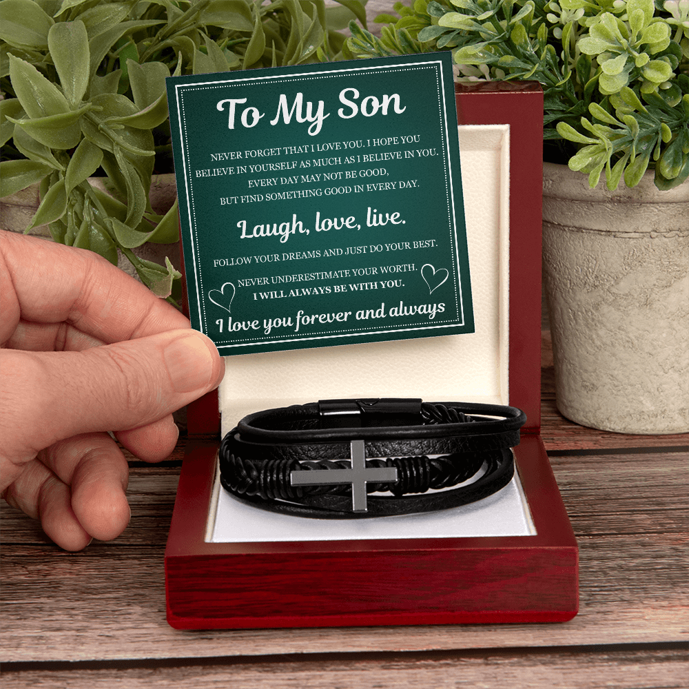 Men's Cross Bracelet - To My Son "Laugh, Love and Live"