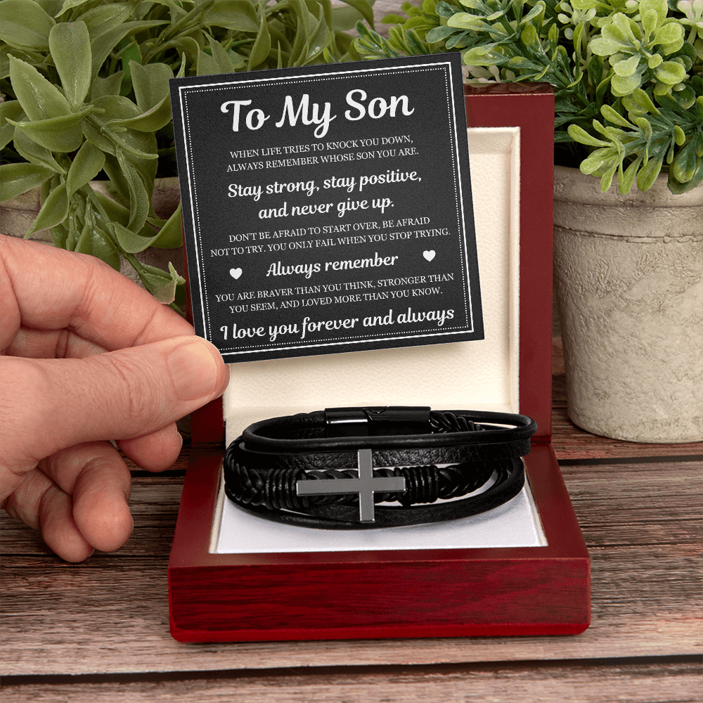 Men's Cross Bracelet - To My Son "Stay Strong and Positive"