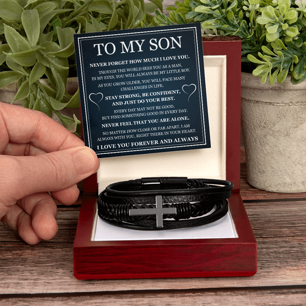 To My Son Men's Cross Bracelet - "Stay Strong, Be Confident"