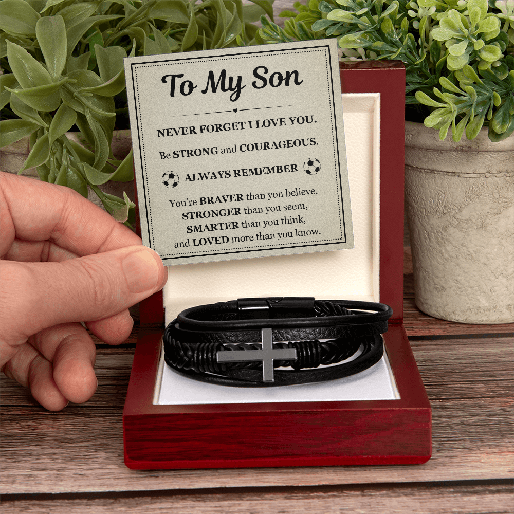 To My Son Men's Cross Bracelet - "Never Forget I Love You"