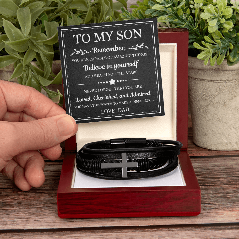 To My Son Men's Cross Bracelet - "Believe in Yourself"